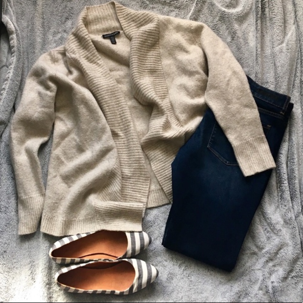 Eileen Fisher Open-Front Beige Cardigan Sweater